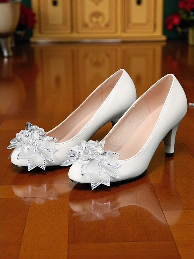 Shoes Crystal Low with Bow Wedding Women's White Heel