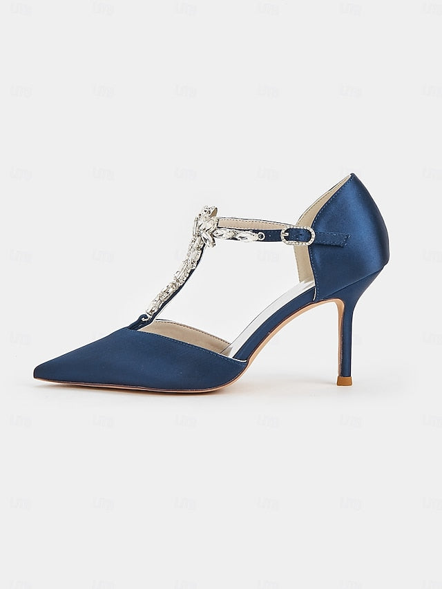 Navy Satin T-Strap Heels Blue Toe – Women's Pointed