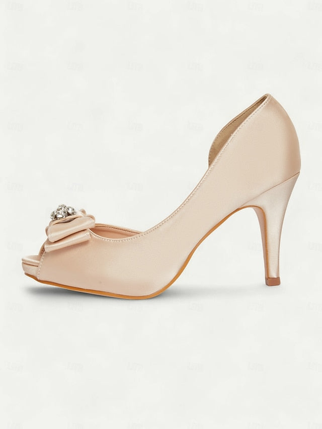 Satin Peep Toe with Heels Women's and Champagne Bow