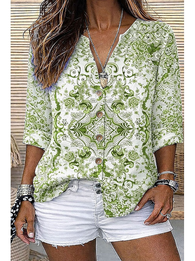 Women's Shirt Tunic Summer Tops Buttons Floral Graphic