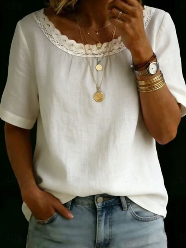Women's Lace Shirt T Shirt Tee Top Patchwork Lace Trim