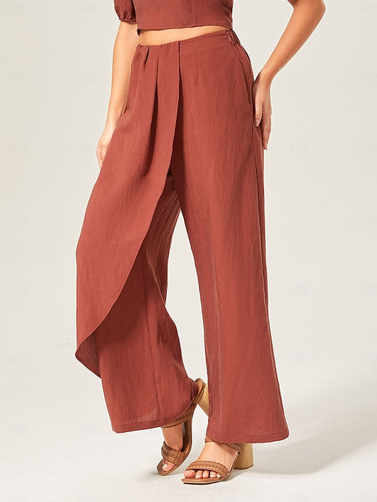 Lyocell-blend Broadcloth Solid Color Loose Long Pants