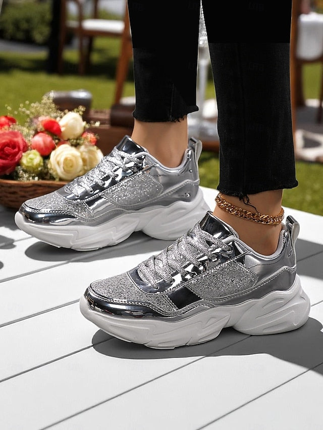 with Chunky Platform Metallic Sneakers Women's Glitter