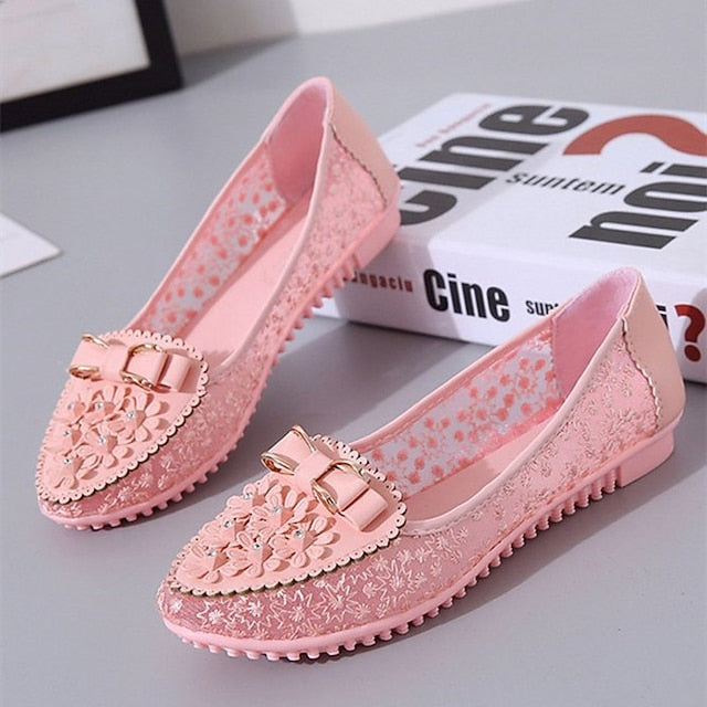 with Floral Women's Bow Flats Pink Details and Lace -