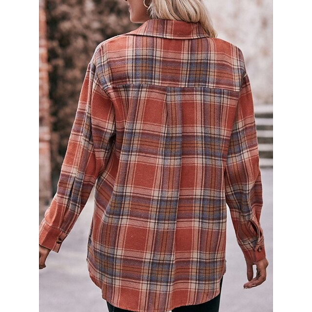 Women's Shirt Pocket Buttons Print Plaid Vintage Tropical