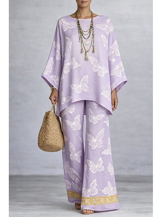 Women's Pants Sets Long Sleeve Round Neck Graphic Butterfly