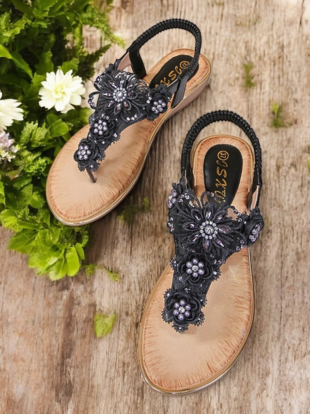 Women's – Lace Floral Pink Sandals T-Strap Embellished