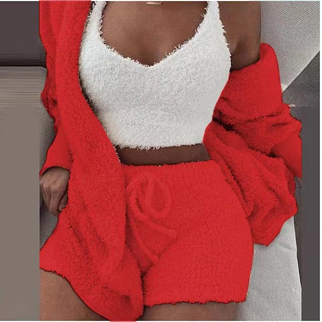 Warm Fuzzy Pajama Set 3PCS Long Sleeve Hooded Robe & Tank