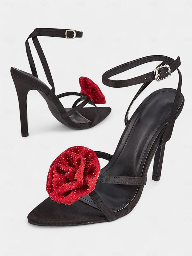 - with Sandals Floral Black High Red Heel Chic Embellishments