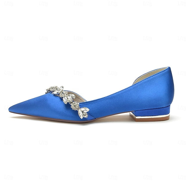 White Satin Flat Shoes Crystal Pointed Wedding with and Toe