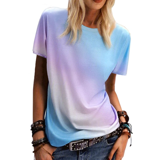 Women's clothing rainbow gradient printing casual top round