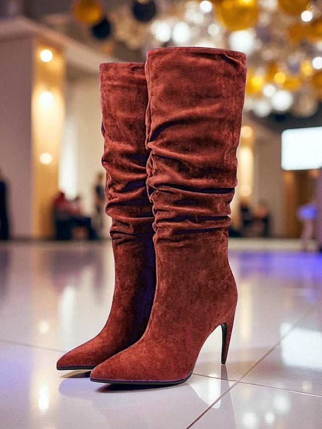 Boots Slouch Toe Velvet Women's Knee Green - High Pointed