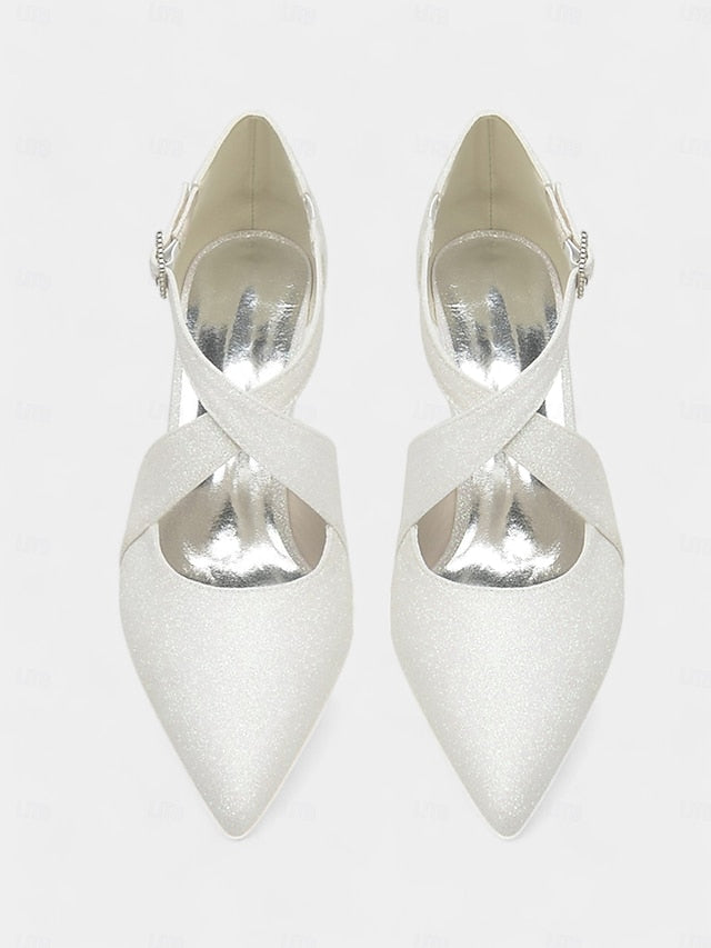 Cross Glitter Kitten with Rhinestone Heels Strap Buckle White