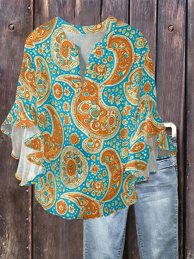 Women's Blouse Ruffle Print Paisley Ethnic Retro Vintage