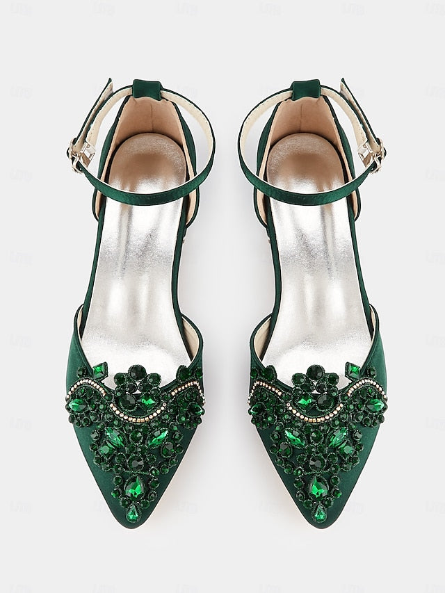 Style Gemstone Flats Vintage Embellished – Green Pointed-Toe