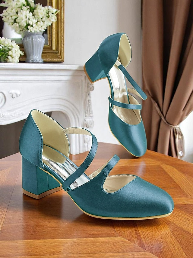 Jane 1950s Mary Elegant Green – Satin Block Heels Women's