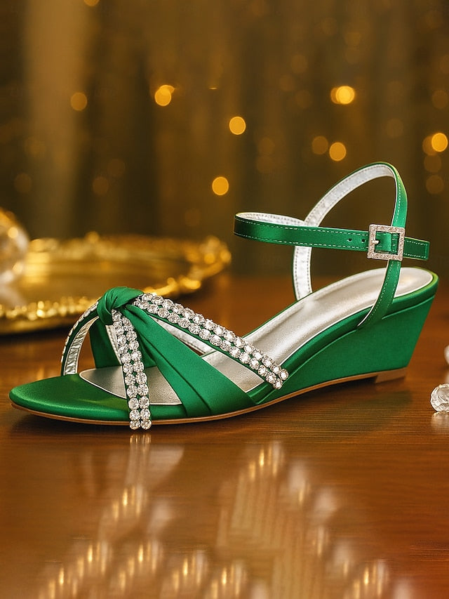 Satin Wedge Sandals Green Women's - Knot Rhinestone