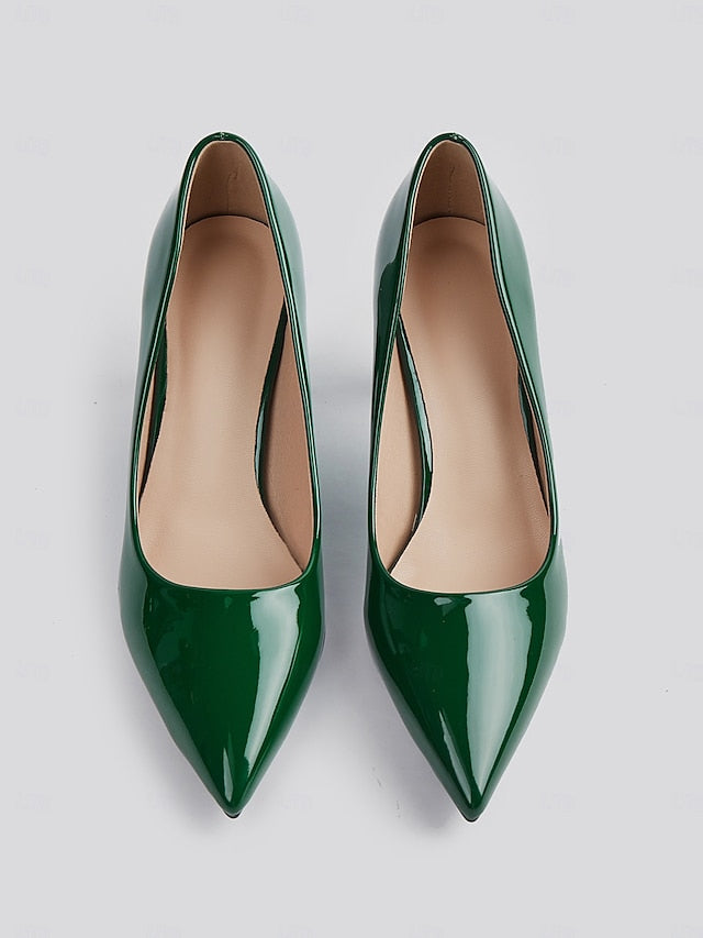 Glossy Heel Leather Pointed-Toe Patent Faux Block Pumps Green