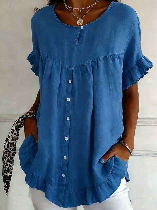 Women's Shirt Cotton Linen Shirts Blouse Ruffle Shirt Plain