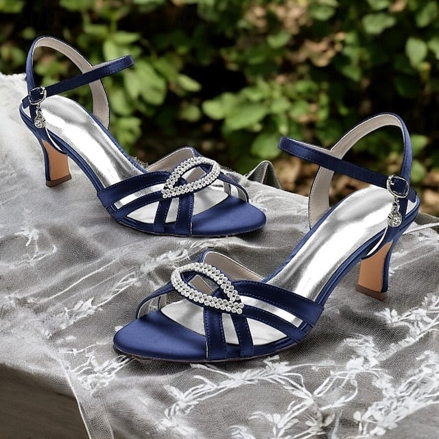 Dark Strappy Blue Women's Heels with Rhinestone Satin