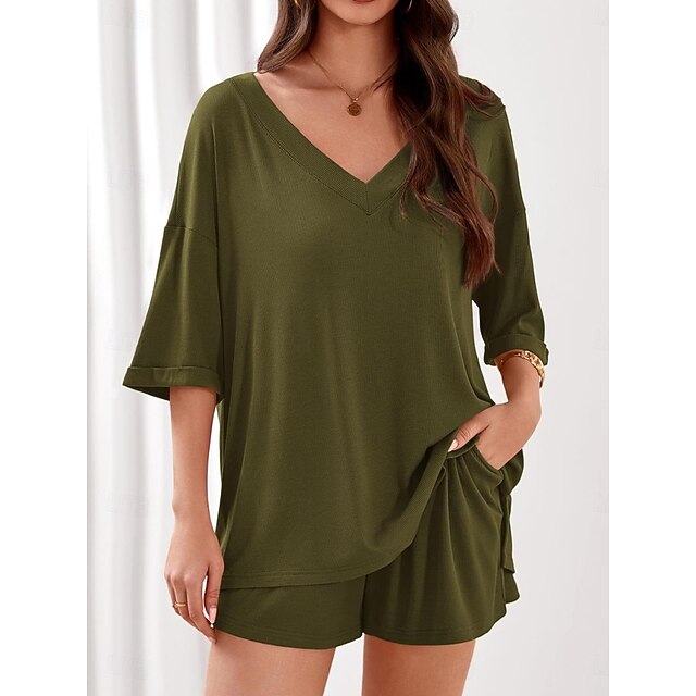 Women's Shorts Sets 3/4 Length Sleeve V Neck Solid Color