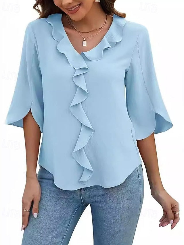 Women's Blouse Ruffle Plain Elegant Stylish Long Sleeve V