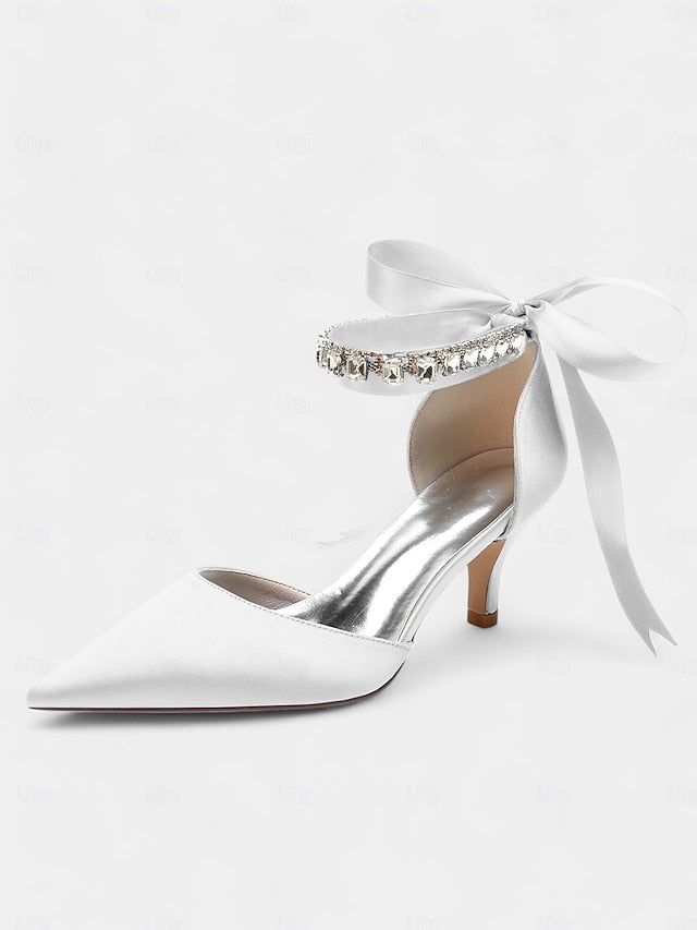 Blue Satin Rhinestone Heels Pointed-Kitten Strap Ankle and with