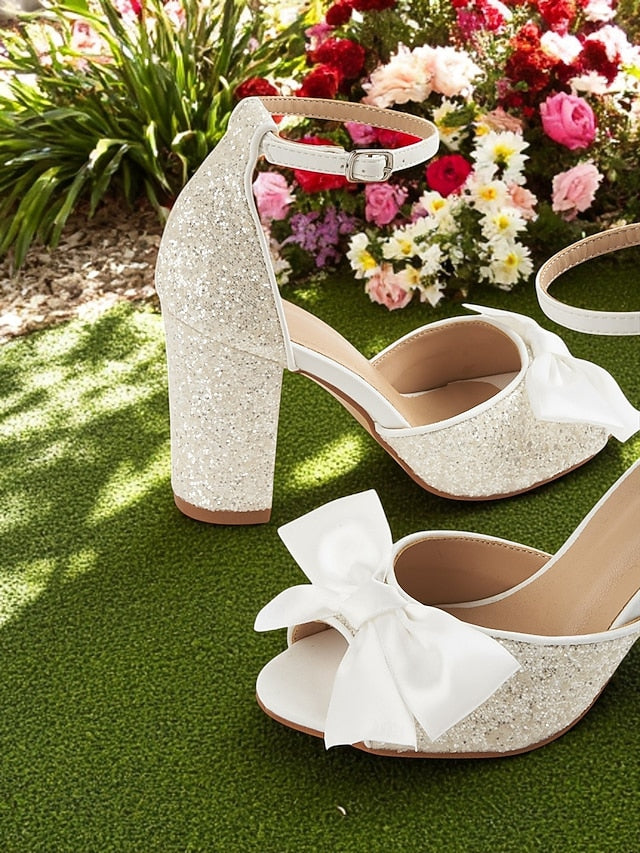 White Ankle with Block Women's Sandals Heel Glitter Wedding