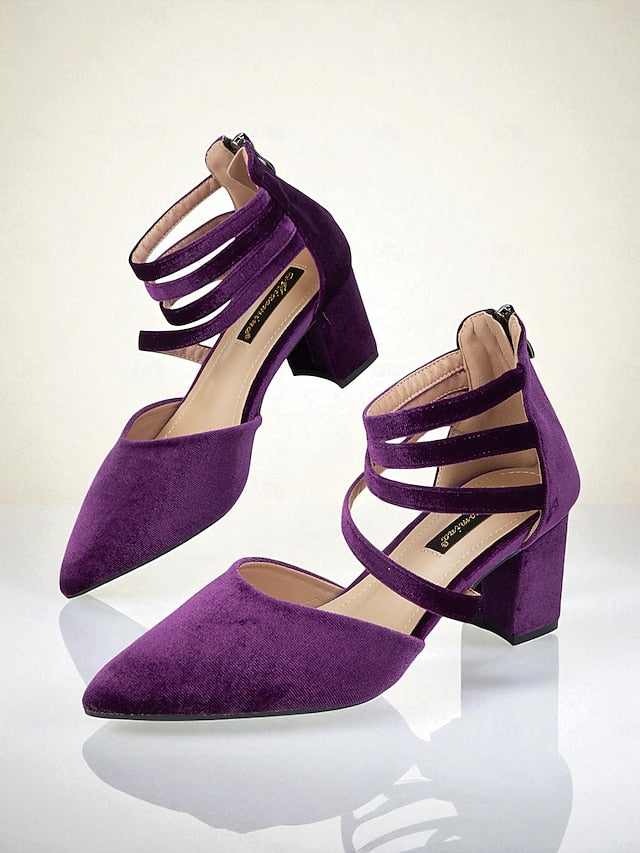 Pointed Toe Block Heel with Women's Blue Velvet Pumps