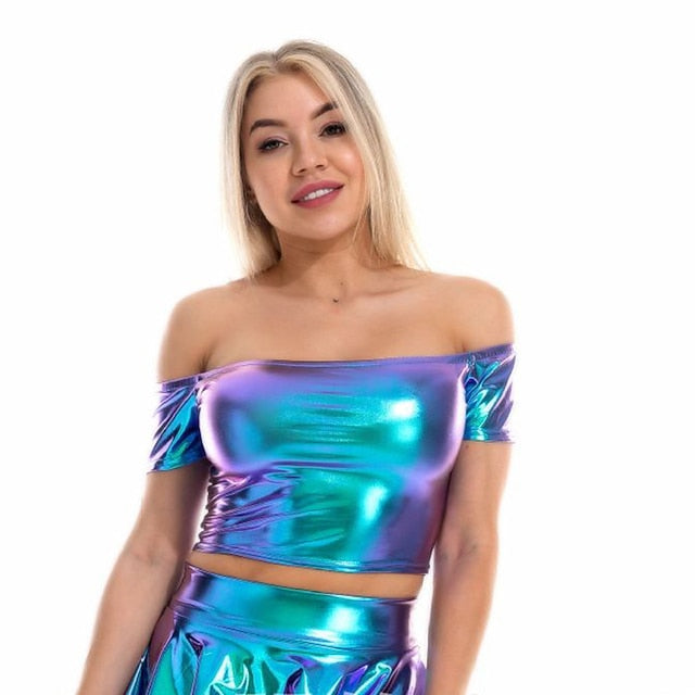 Metallic 1980s Shiny Latex Patent Crop Top PU Leather Off