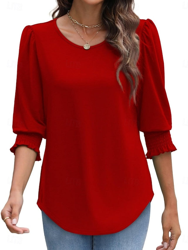 Women's Blouse Solid Color Stylish Casual 3/4 Length Sleeve