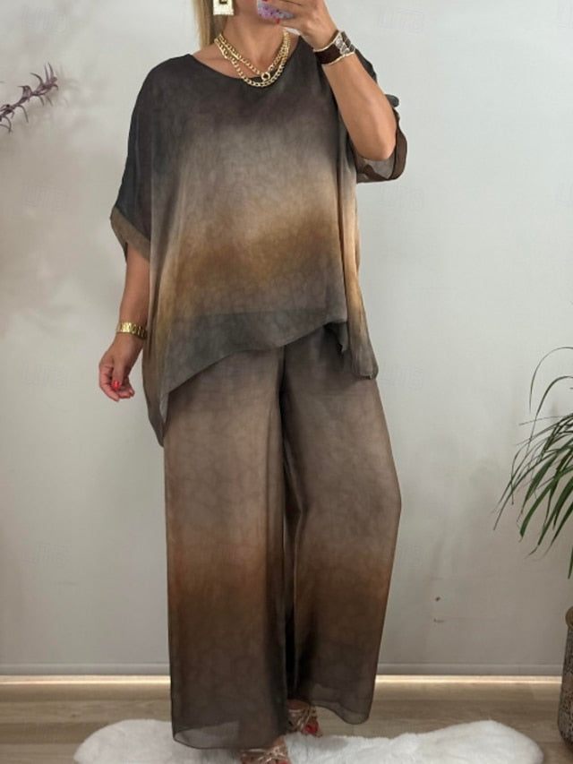 Women's Pants Sets 3/4 Length Sleeve Crew Neck Gradient