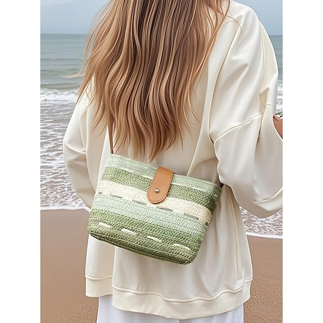 Striped with Bag Colorblock Women's Straw Woven Brown Tote