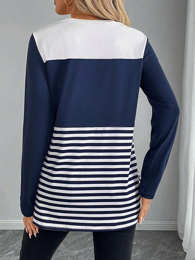 Women's T shirt Crew Neck Long Sleeve Tunic Striped Casual