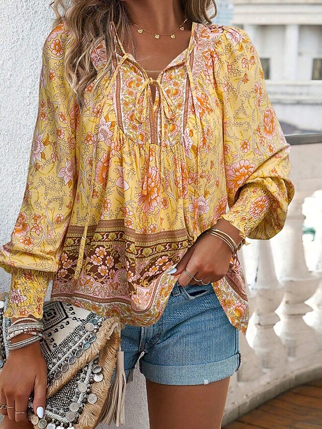 Women's Boho Shirt Blouse Print Flower Modern Boho Long