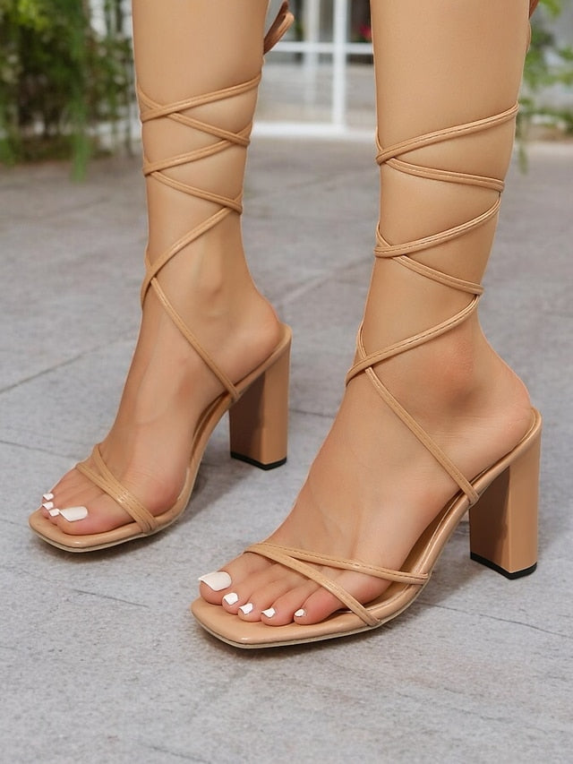 Strappy Lace-Up White Block with Women's Clear Heels Heel