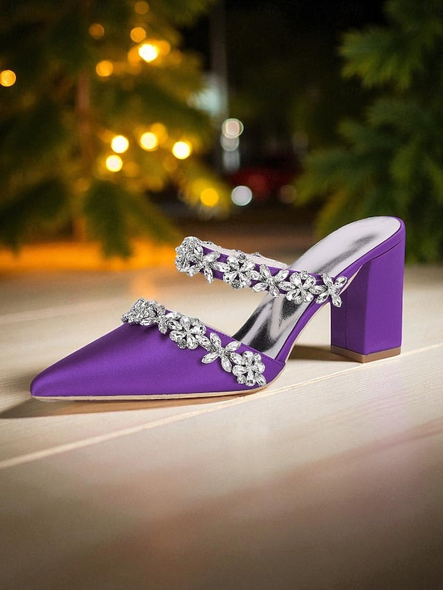 Block Heel Floral with Women's Black Mules Satin Rhinestone