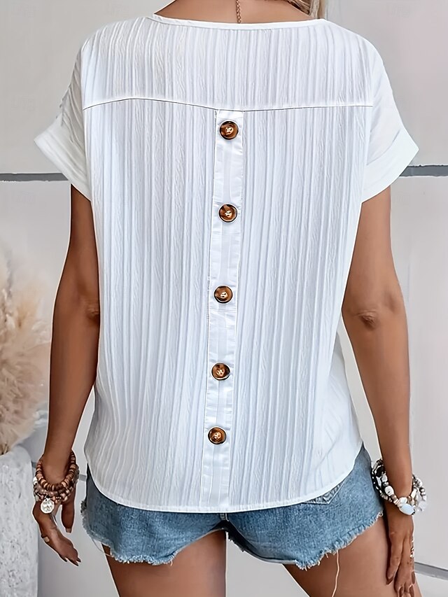 Women's T Shirt Buttons Ribbed Solid Color Striped Elegant