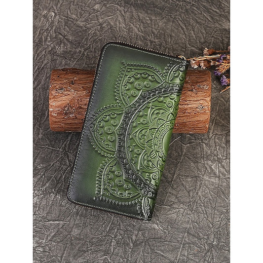 Portefeuille en cuir fait main avec un élégant motif continental mandala