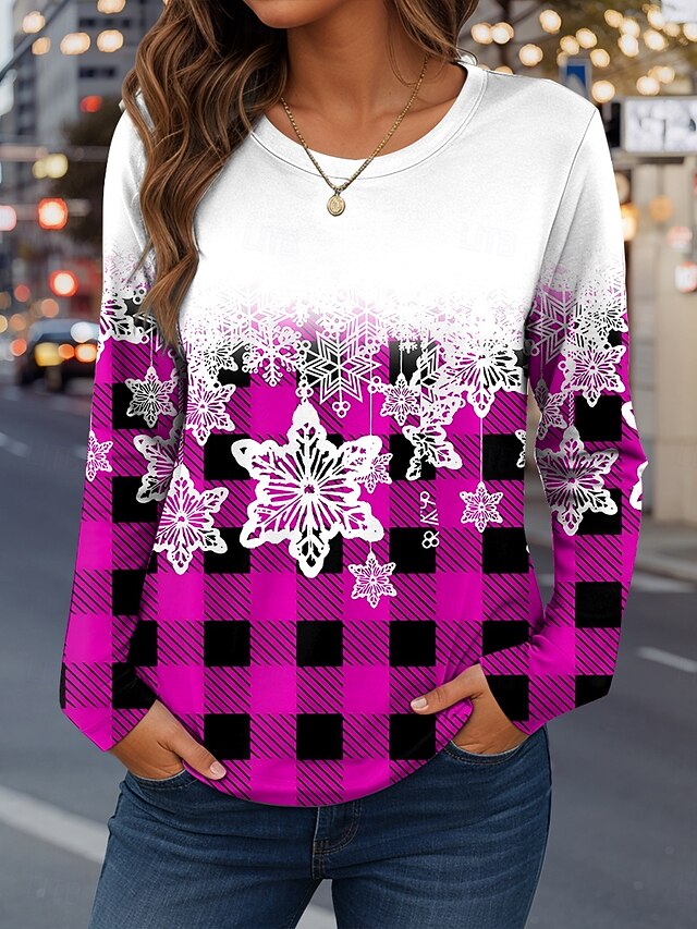 Women's T Shirt Print Graphic Plaid Snowflake Vintage