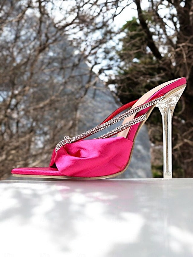 Hot Rhinestone Women's Satin Bow Heeled Sandals Pink –