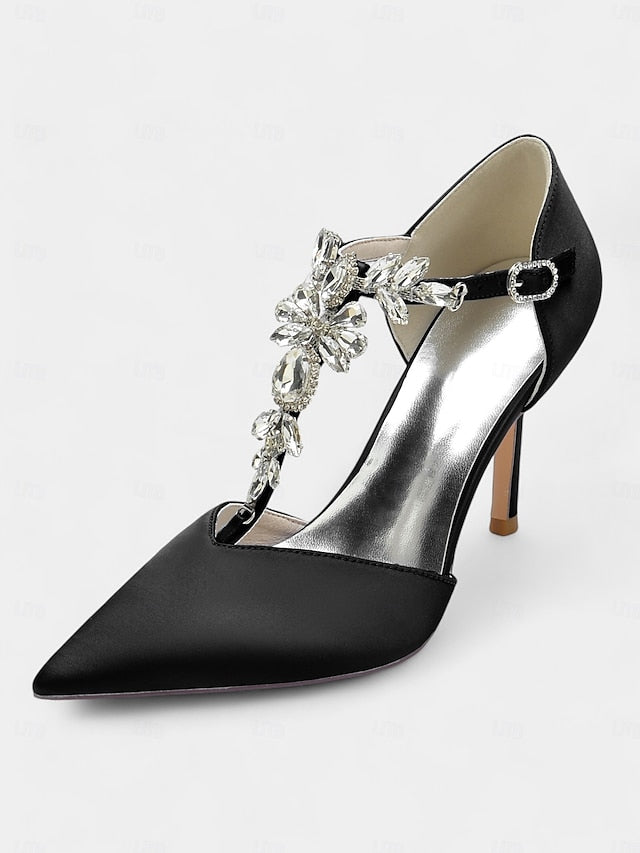 Navy Satin T-Strap Heels Blue Toe – Women's Pointed