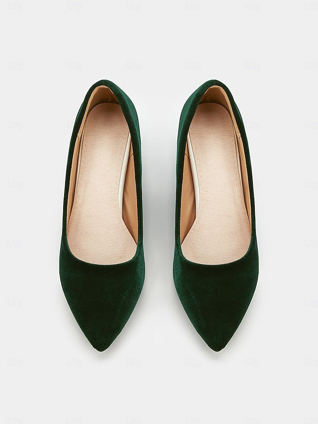 - Pointed Green Elegant Velvet Heel Block Toe Pumps Women's