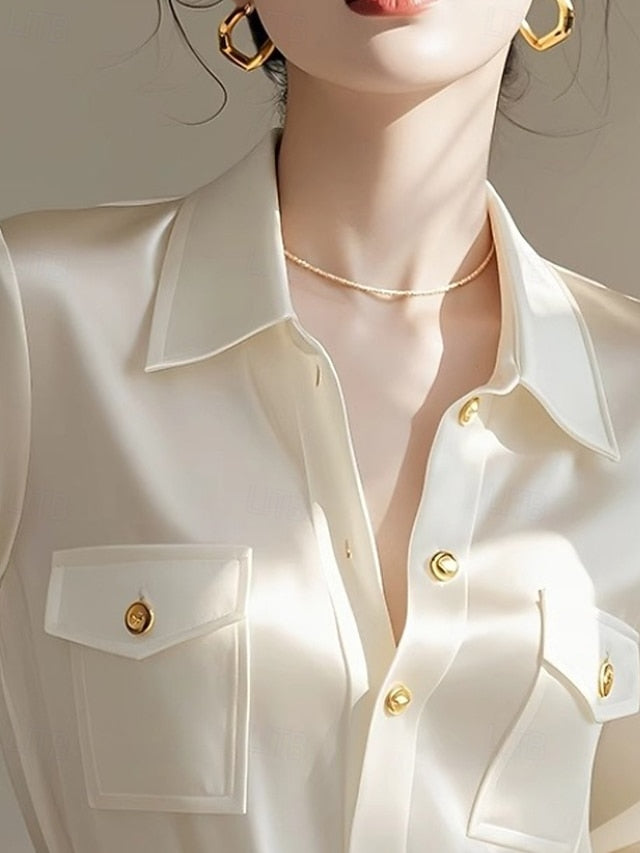 Women's Shirt Elegant Satin Top Blouse Pocket Buttons Plain