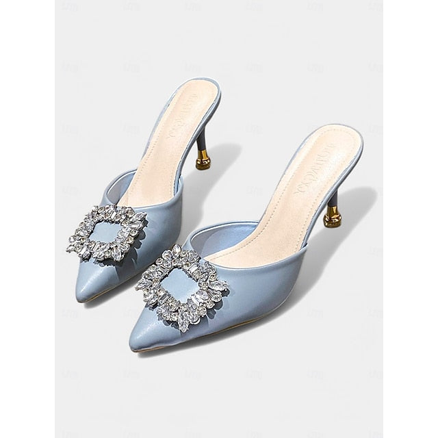 Women's Buckle Pointed Blue Toe with Light Mules Crystal