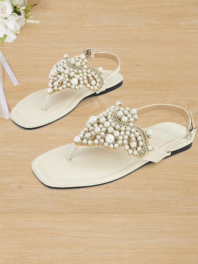 T-Strap Elegant Flat – Pearl-Embellished Women's Sandals
