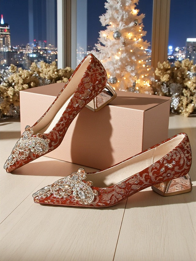 Embellished Pointed-Toe Women's Flats Red Rhinestone