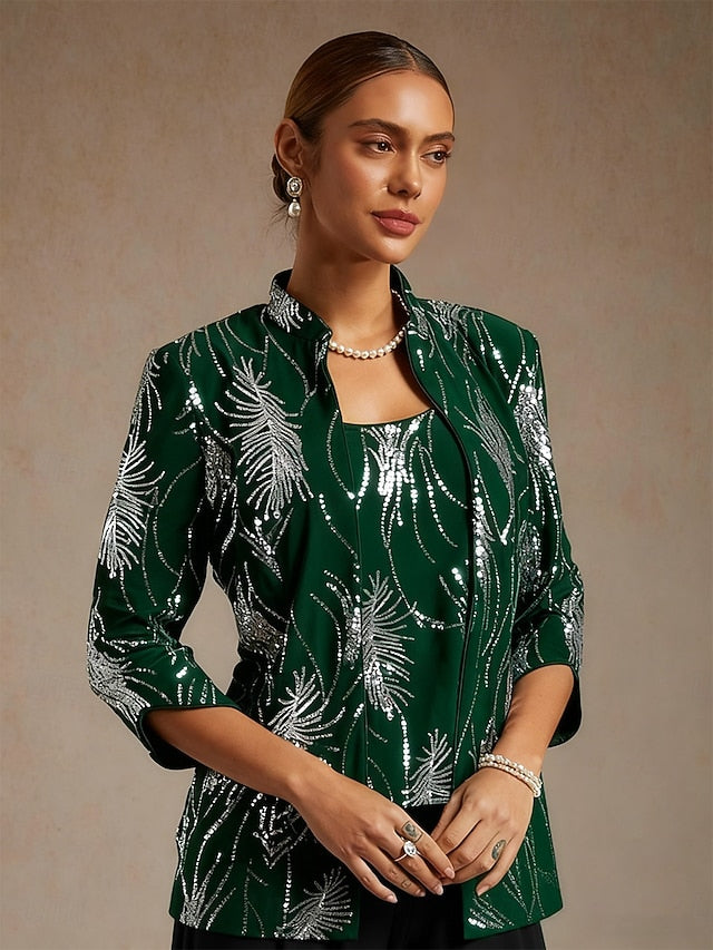 Women's Twinset Blouse Dressy Tops Jacket Sequins Feather