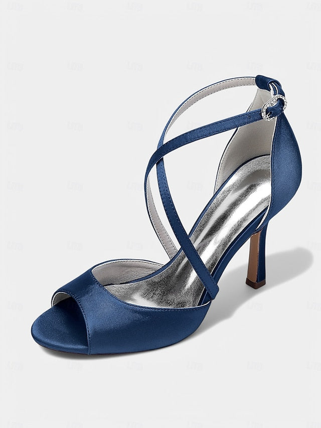 – Satin Peep-Toe Women's Elegant Cross-Strap White Heels