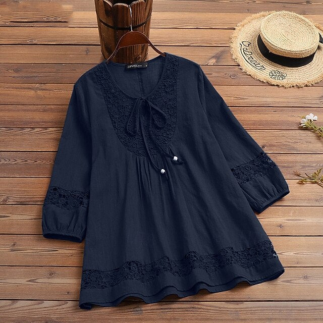 Women's Lace Splicing Top Blouse Dressy Tops Ruched Lace up